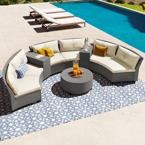 Patio Furniture Sets for 6,FanShaped All Weather Outdoor HDPE Rattan Sofa with Cushions and Table,Suitable for Garden,9Piece