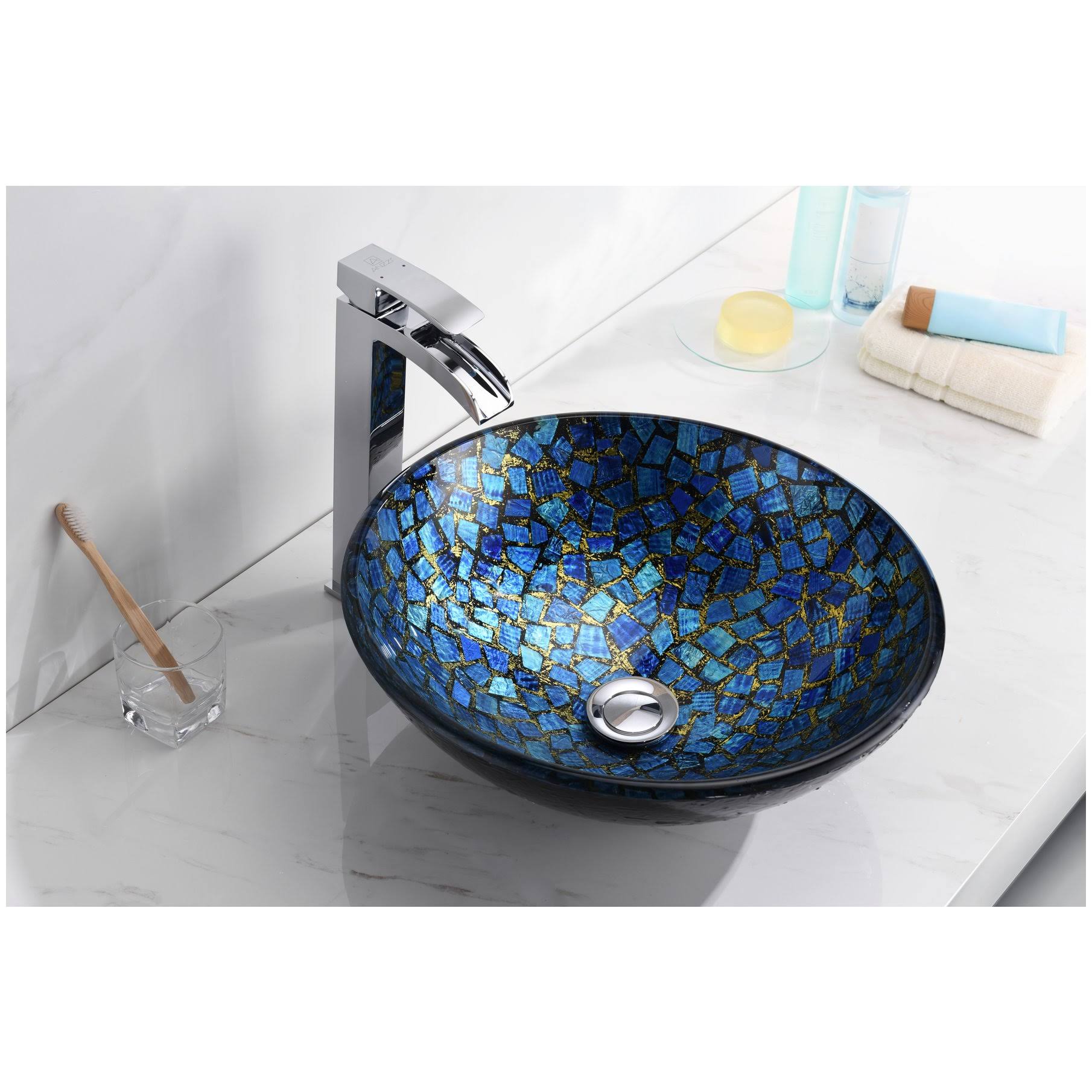 ANZZI LS-AZ198 Mosaic Series Vessel Sink in Blue/Gold Mosaic