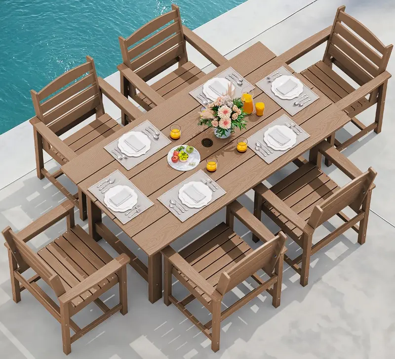 SERWALL 7-Piece HDPE Outdoor Dining Set – Weather-Resistant Patio Table with Umbrella Hole + 6 Stackable Chairs (Blue)