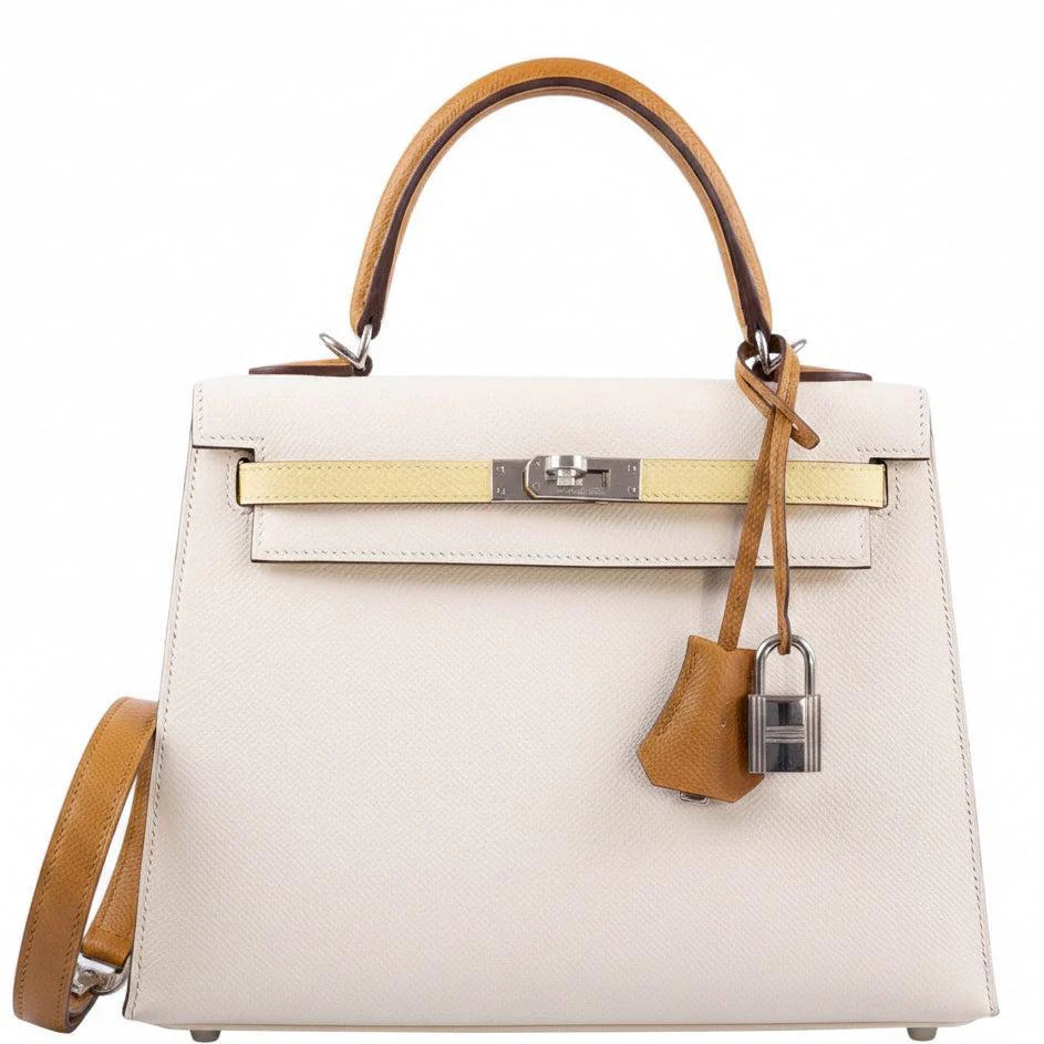 Hermès Kelly 25 Sellier Tricolor Nata Jaune Poussin Sesame Epsom Palladium Hardware
