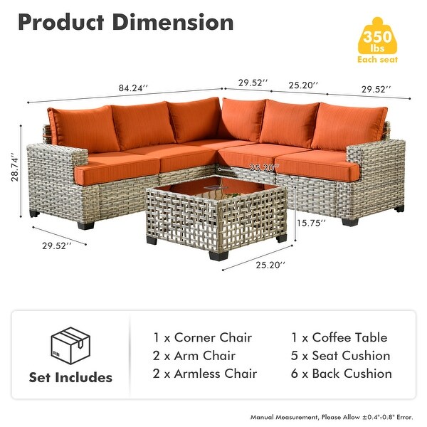 OVIOS 6 Pieces T shaped Seat Wide Armrest Set With SolarPowered Coffee Table