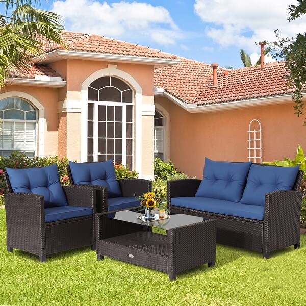 Costway 4 PCS Patio Rattan Furniture Set Glass Table Shelf Sofa