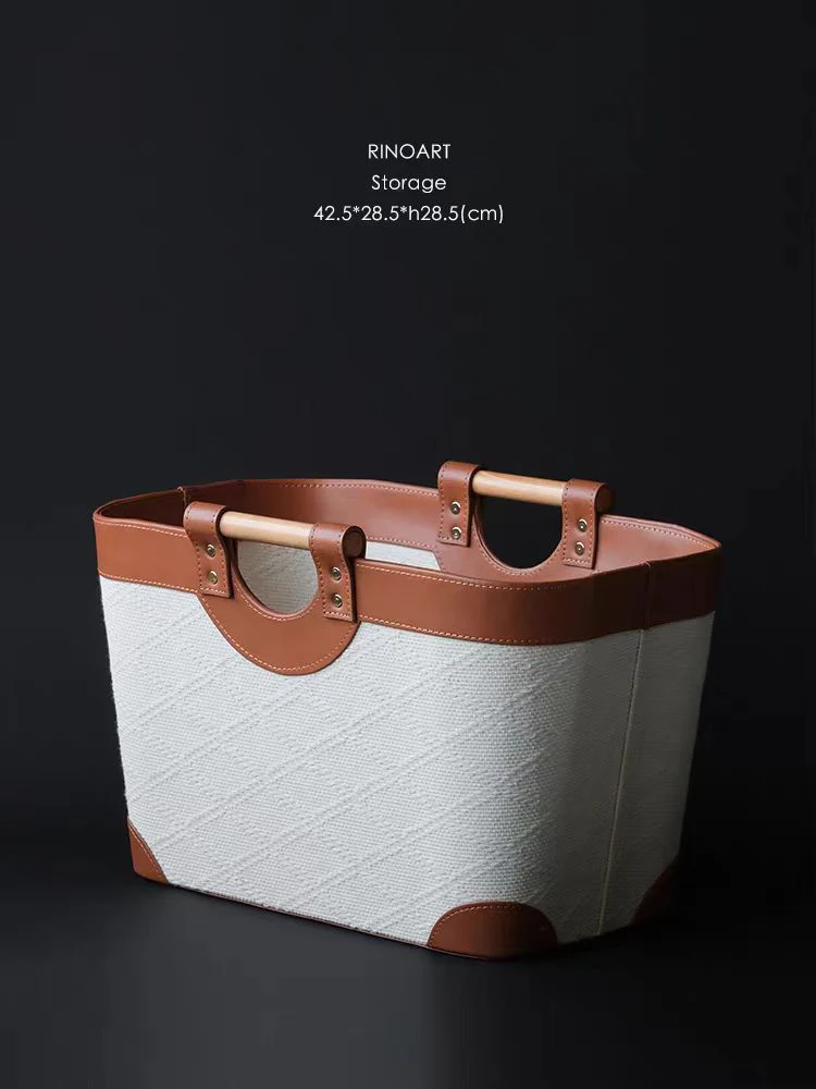 DC139 - Loro Piana antique white pearl embossed leather solid wood handle multi-purpose storage basket dirty clothes