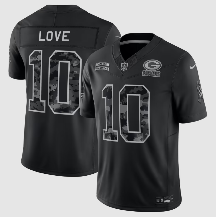 Men's Green Bay Packers Jordan Love #10 Black 2026 Salute to Service Stitched Limited Jersey