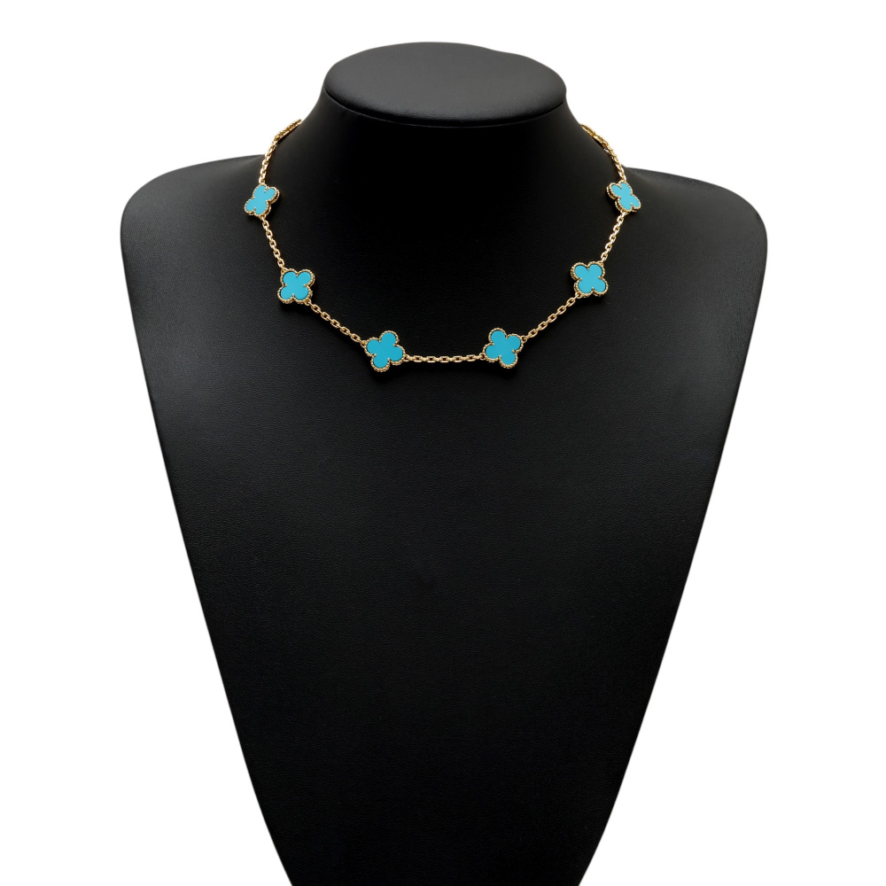Van Cleef & Arpels Vintage Alhambra 10 Motifs Necklace 18K Yellow Gold Turquoise