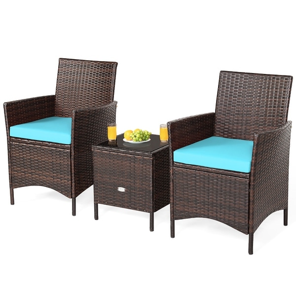 Costway 3PCS Patio Rattan Furniture Set Cushioned Sofa Glass Tabletop