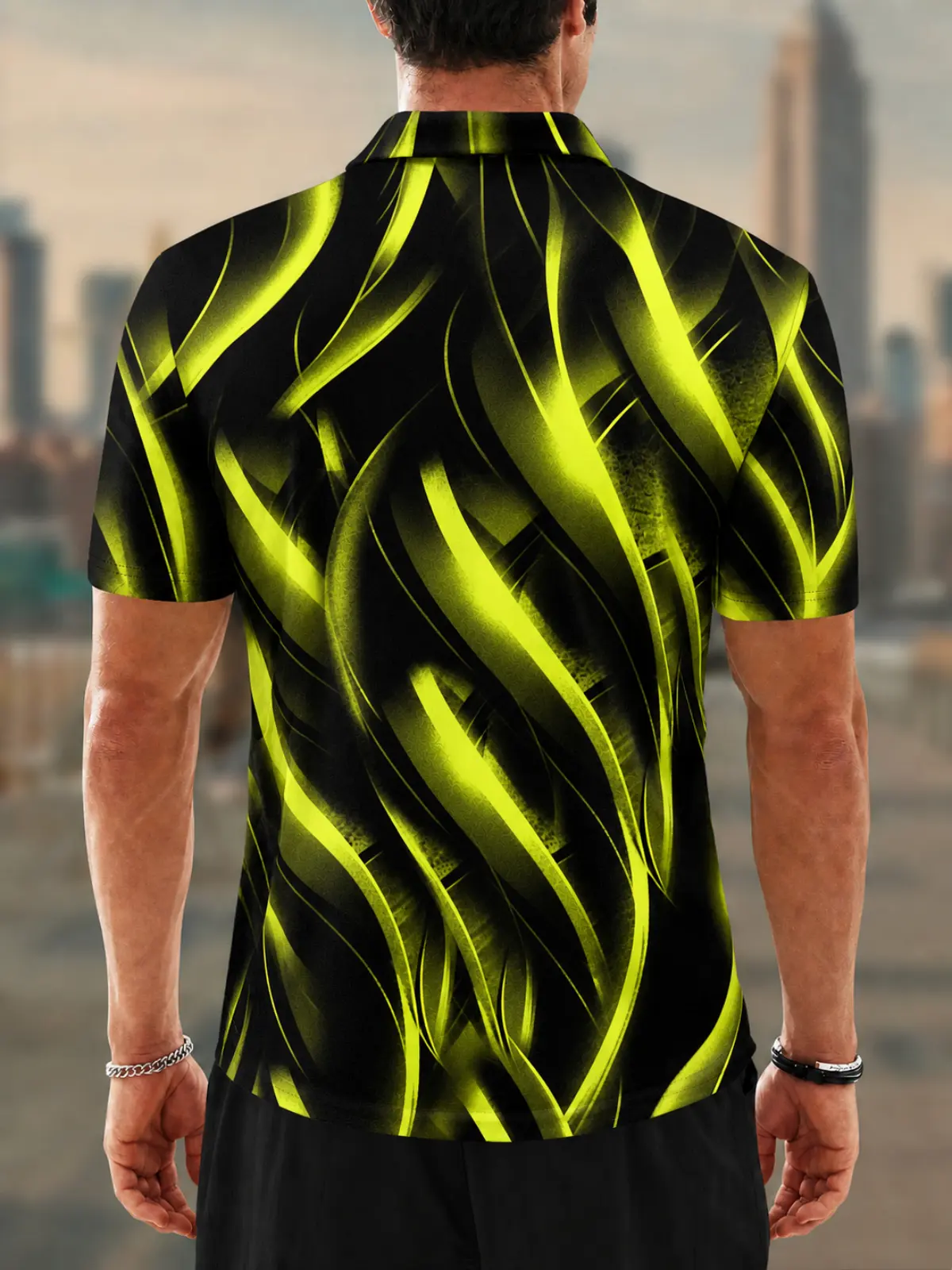 Moisture Wicking Golf Polo 3D Neon Yellow Swirl Abstract Button Short Sleeve Golf Polo Shirt