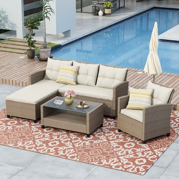 4 Piece Outdoor Patio Furniture Sets,Conversation Set Wicker Ratten Sectional Sofa with Seat Cushions(Beige Brown)