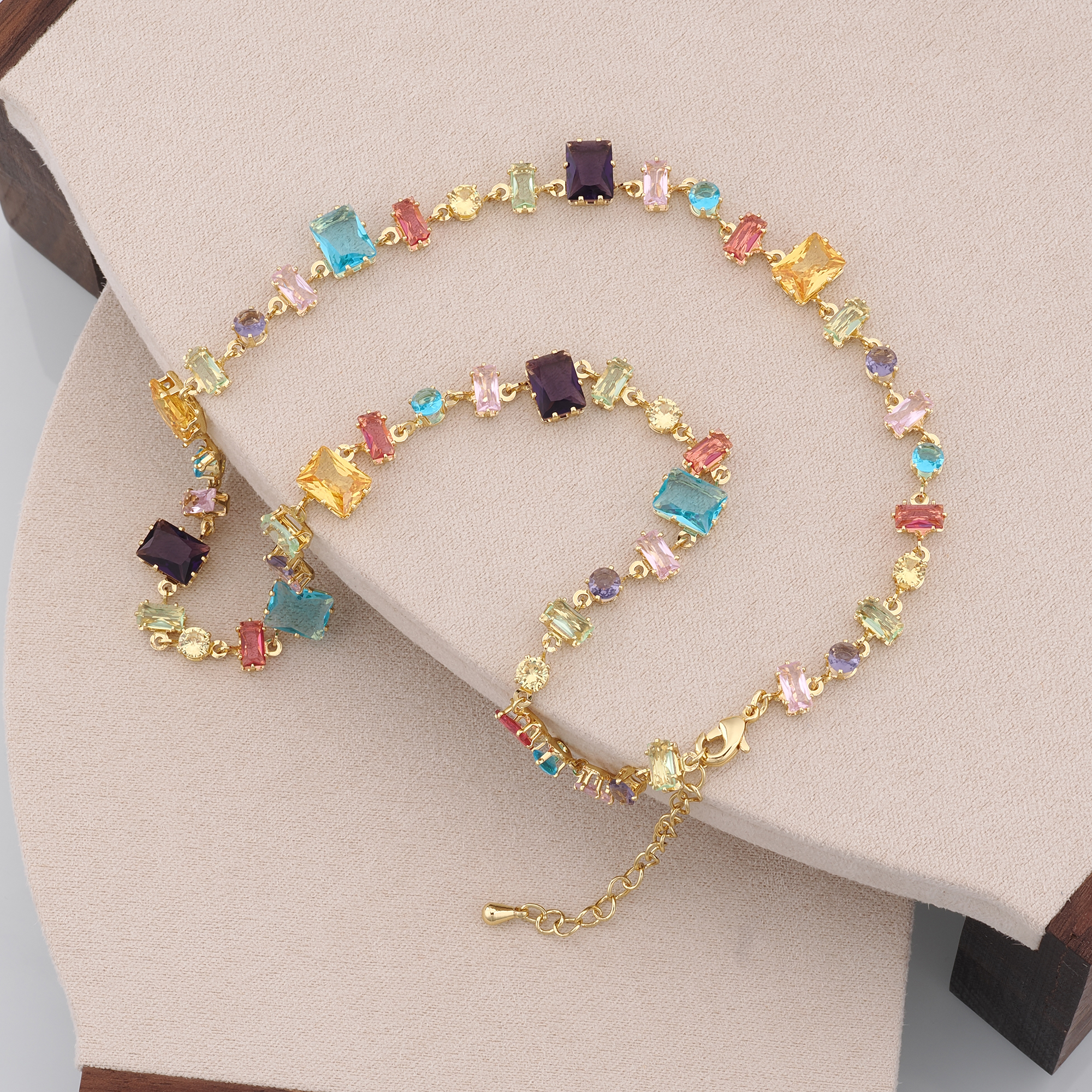 18K Gold Filled Multicolor Zircon Necklace,Colorful Necklace,Rectangle Stone Necklace,Adjustable Gold Chain Necklace,Gift For Her