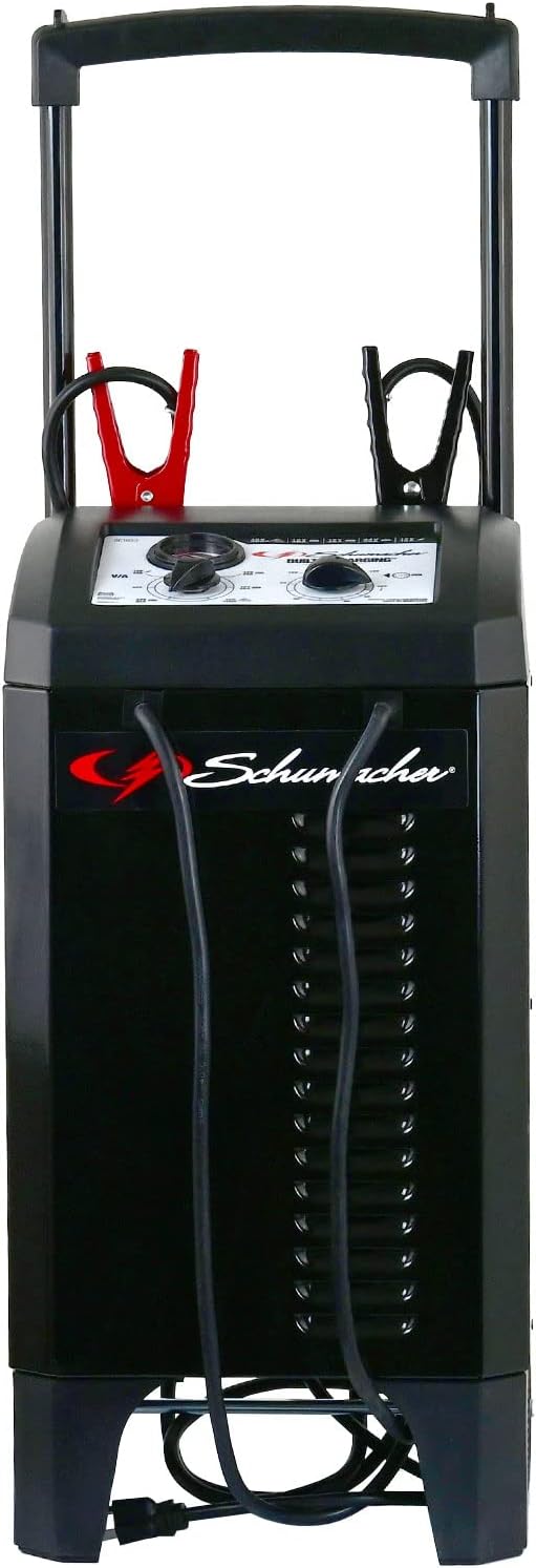SC1633 Manual Timer-Controlled Wheeled Battery Charger and Jump Starter for Cars, SUVs, Trucks, and Boats, 200 Cranking Amps, 12 Volts, 24 Volts, Black, 1 Unit