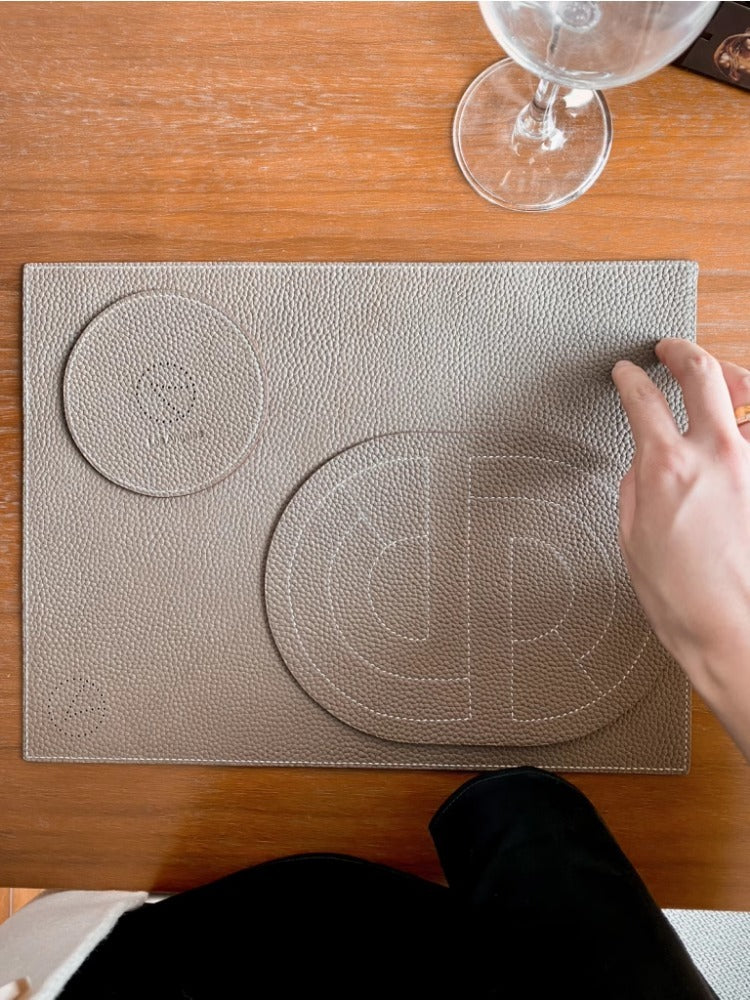 DC078 (Set) - Calfskin Elephant Gray Outer Stitching Dining Mat Table Mat Cup Mat Tea Tray (Set of Three)
