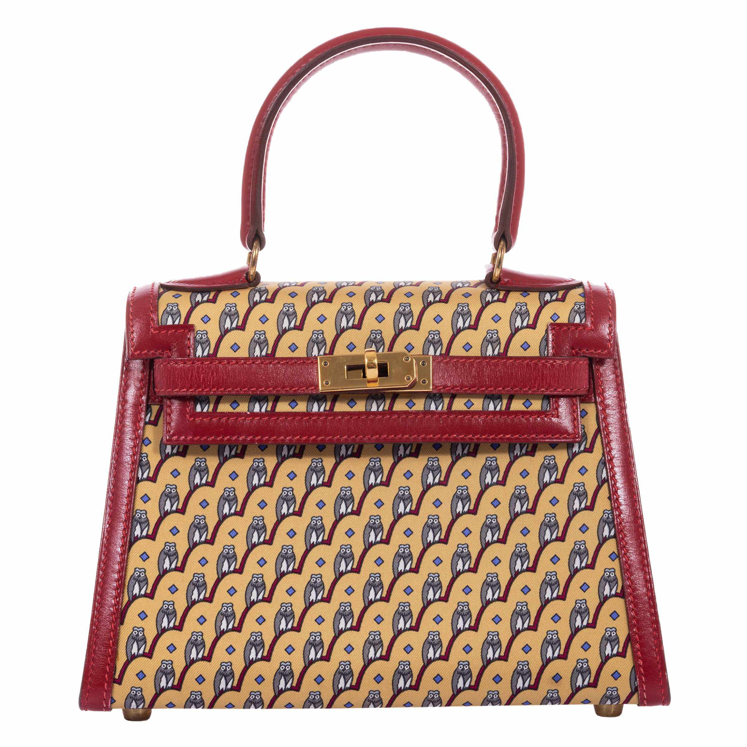 Hermès Vintage Kelly 20 Sellier Owl Print Jaune Silk & Rouge Vif Box Calf Gold Hardware