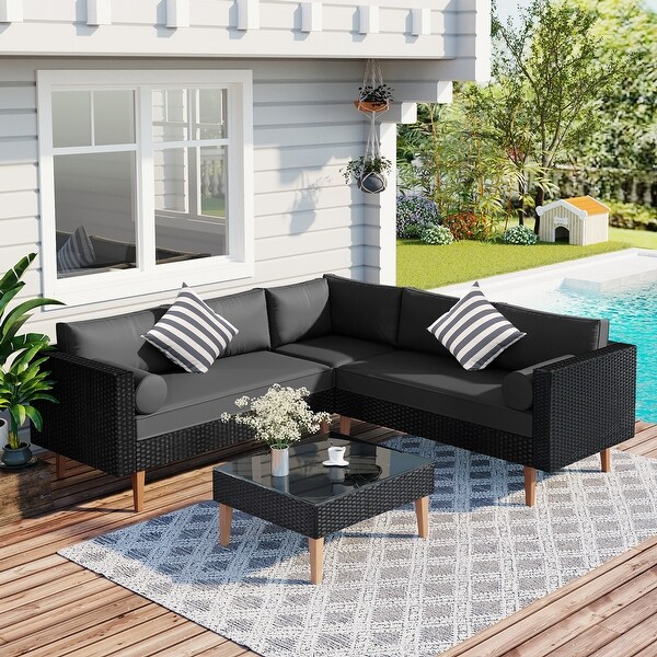4pieces Outdoor Wicker Sofa Set,Patio Furniture with Colorful Pillows,Lshape sofa set