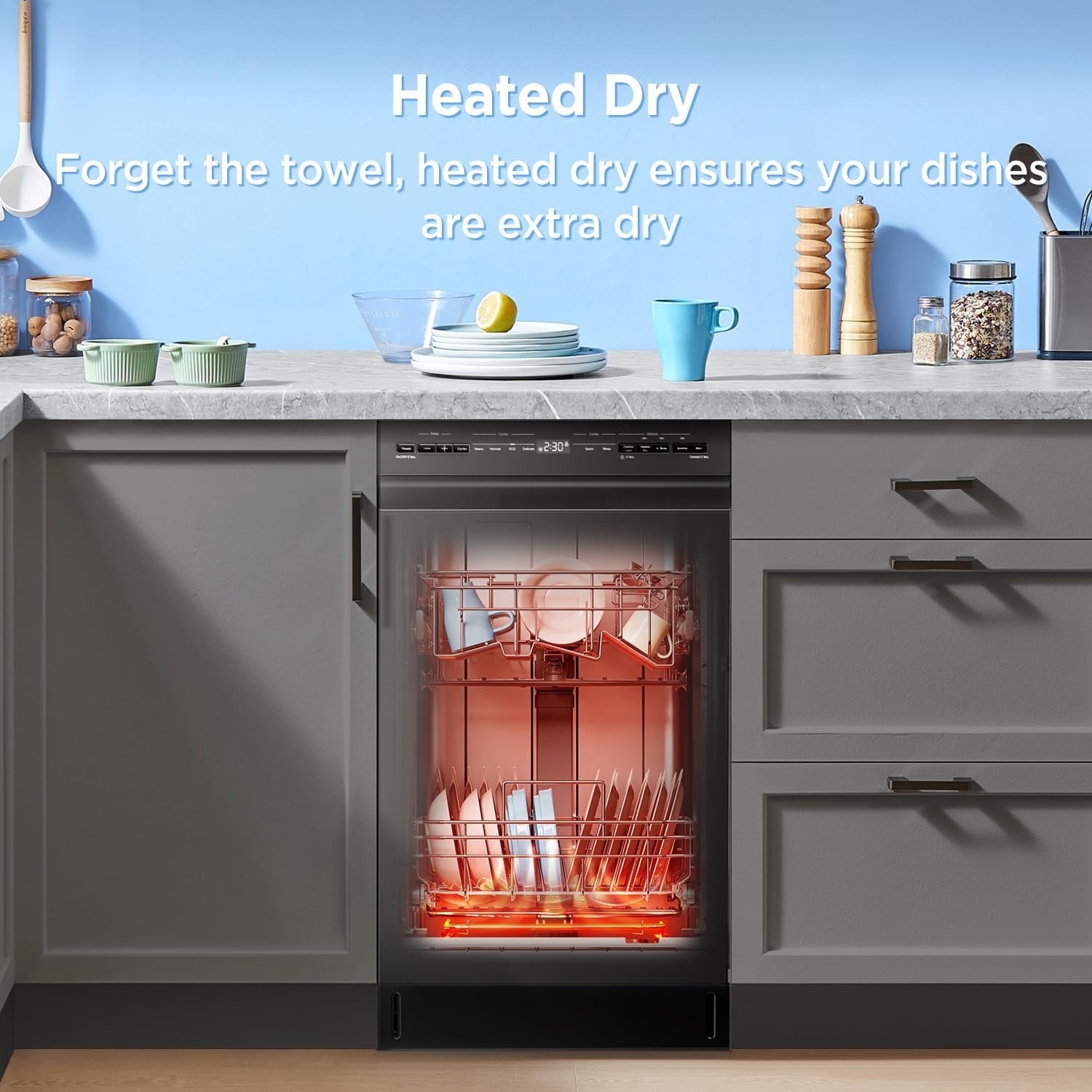 18 Inch Built-in Dishwasher, Slim Space-Saving Design with Stainless Steel Tub, 8 Place Settings & 6 Wash Cycles, Energy Star Certified Dishwasher with Heated Dry & High-Temp Wash, Black