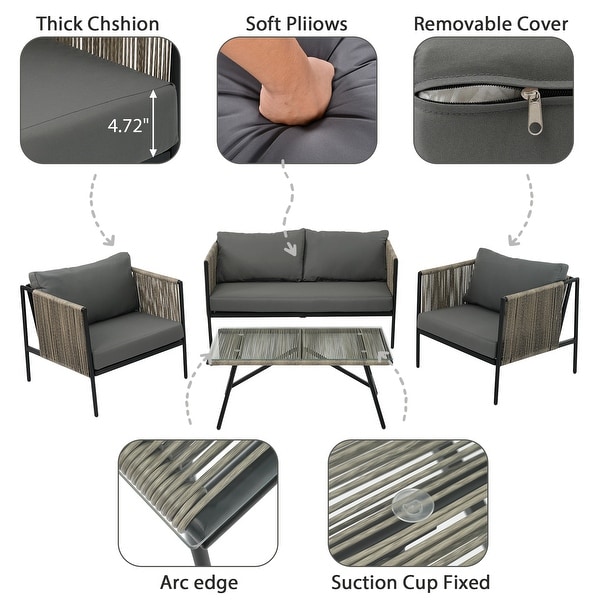 AllWeather Patio Furniture 4piece Rope Sofa Set with Thick Cushions and Toughened Glass Table