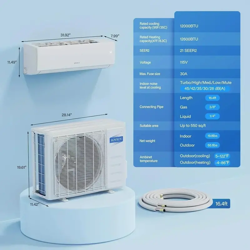 ROVSUN 9,000 BTU Wi-Fi-Enabled Mini-Split AC/Heater – Inverter-Driven, 19 SEER2 Efficiency