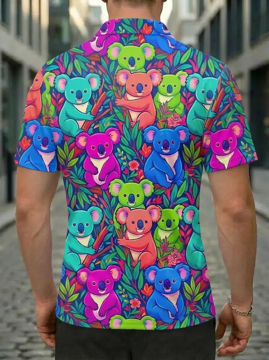 Moisture Wicking Golf Polo 3D Rainbow Koala Button Short Sleeve Golf Polo Shirt
