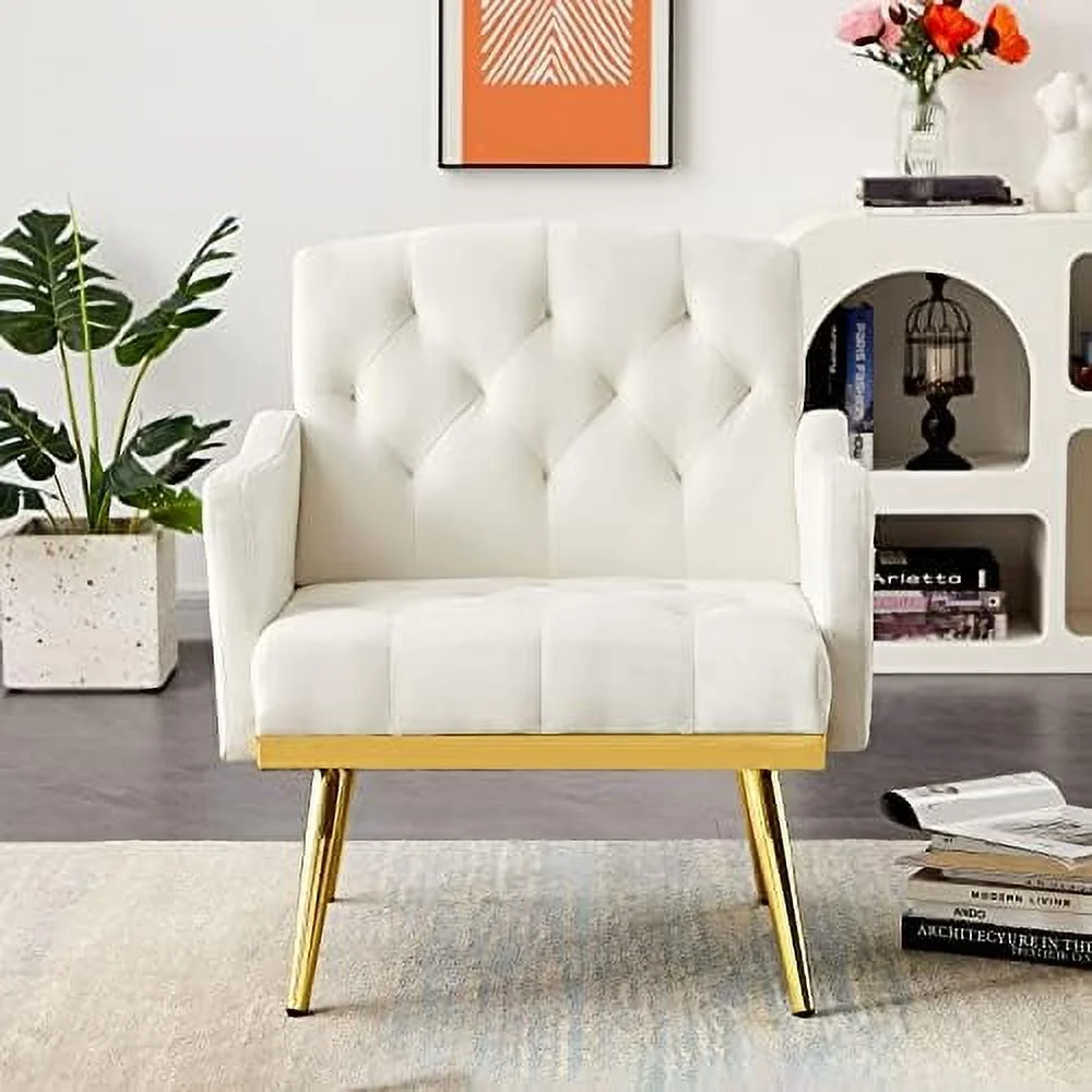 YZboomLife Upholstered Velvet Accent Chair  Modern Armchair Single Sofa Arm Chair with Golden Metal Legs  Tufted Lounge Reading Chair for Living Room  Bedroom  Office  Pink
