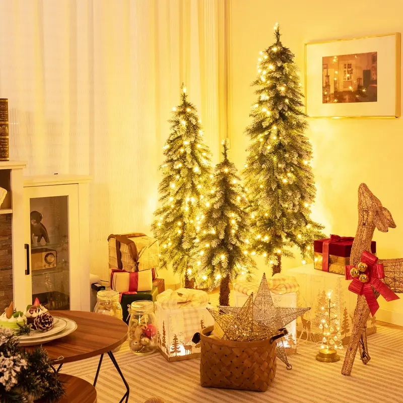 Slim Pre-Lit Pencil Christmas Tree Set – Available in 3′, 4′, and 5′ Heights with Snow-Flecked Foliage