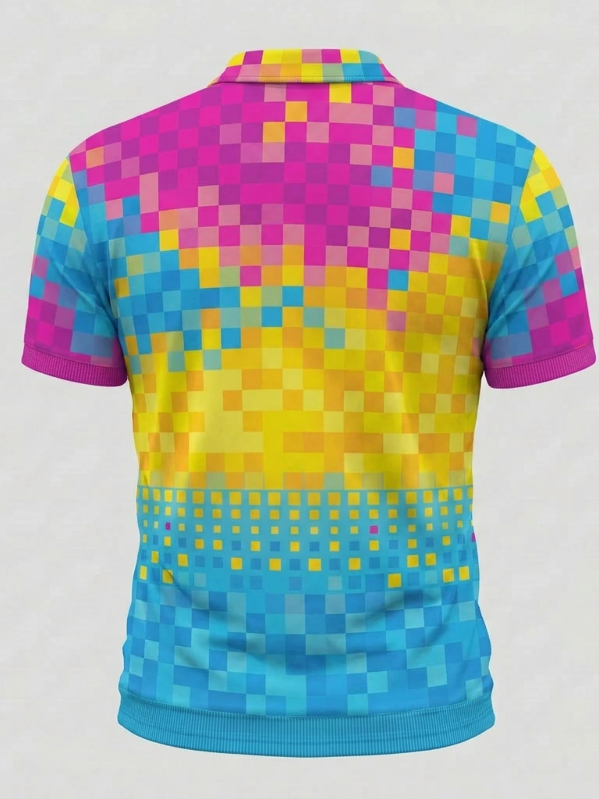 Moisture Wicking Golf Polo 3D Colorful Pixel Gradient Pattern Button Short Sleeve Golf Polo Shirt