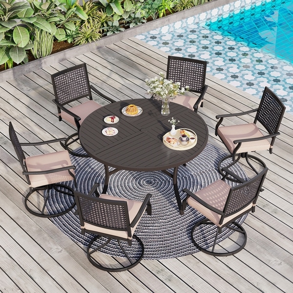 7Piece Patio Dining Set ,Large Round Dining Table with Umbrella Hole and Metal Swivel Dining Chairs