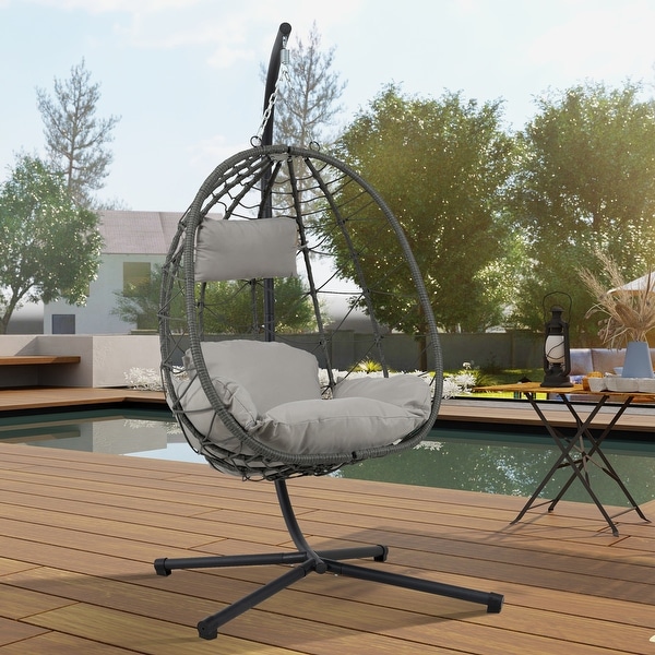 Patio Wicker Hanging Egg Chair Hanging Basket Chair Swing Chair with Stand