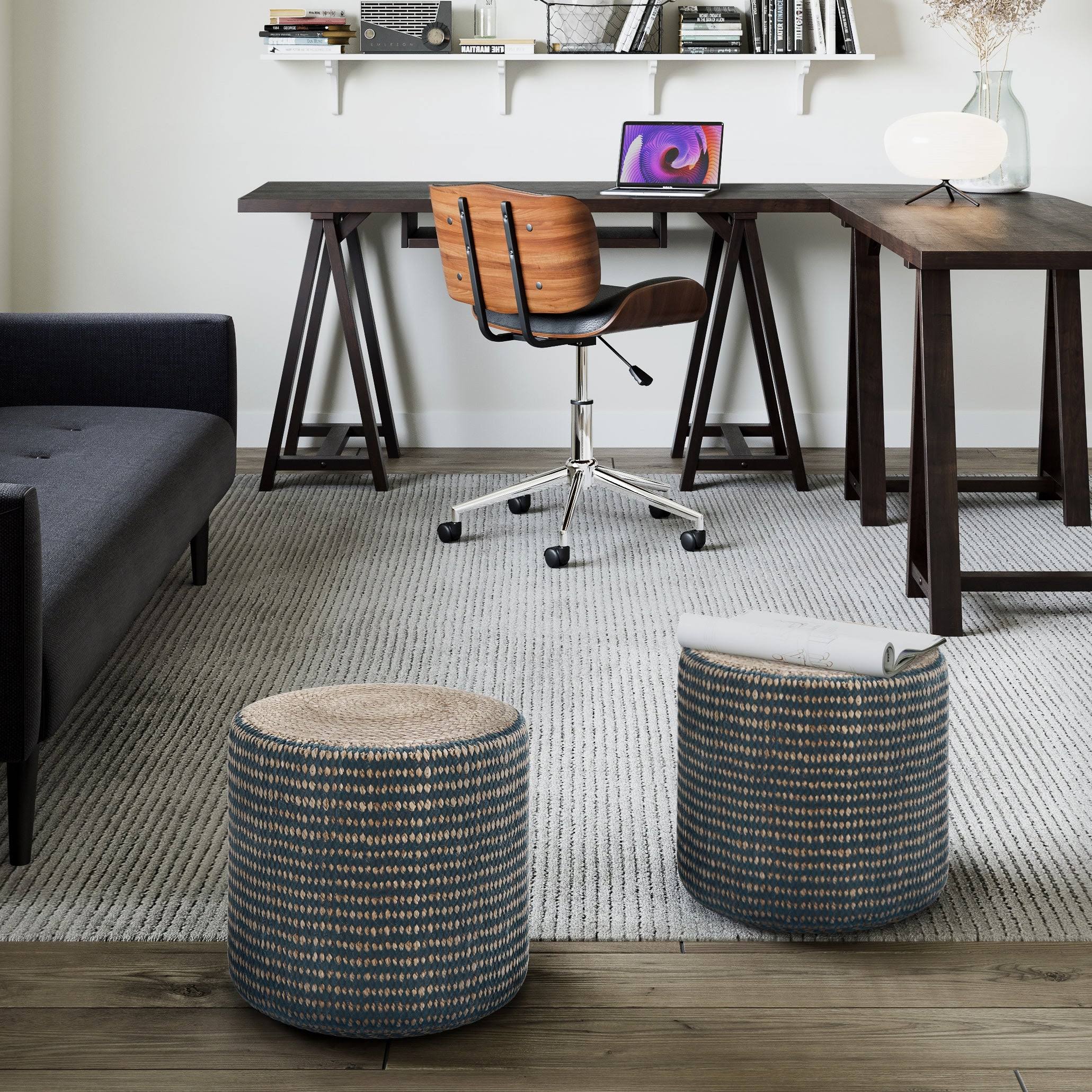 Jordi Round Braided Pouf Natural/Teal - Wyndenhall
