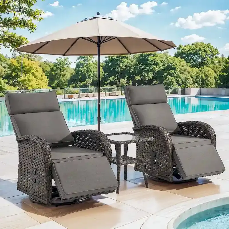 Pocassy 3-Piece Outdoor Recliner Set – Grey Cushioned Chairs with Detachable Side Tables