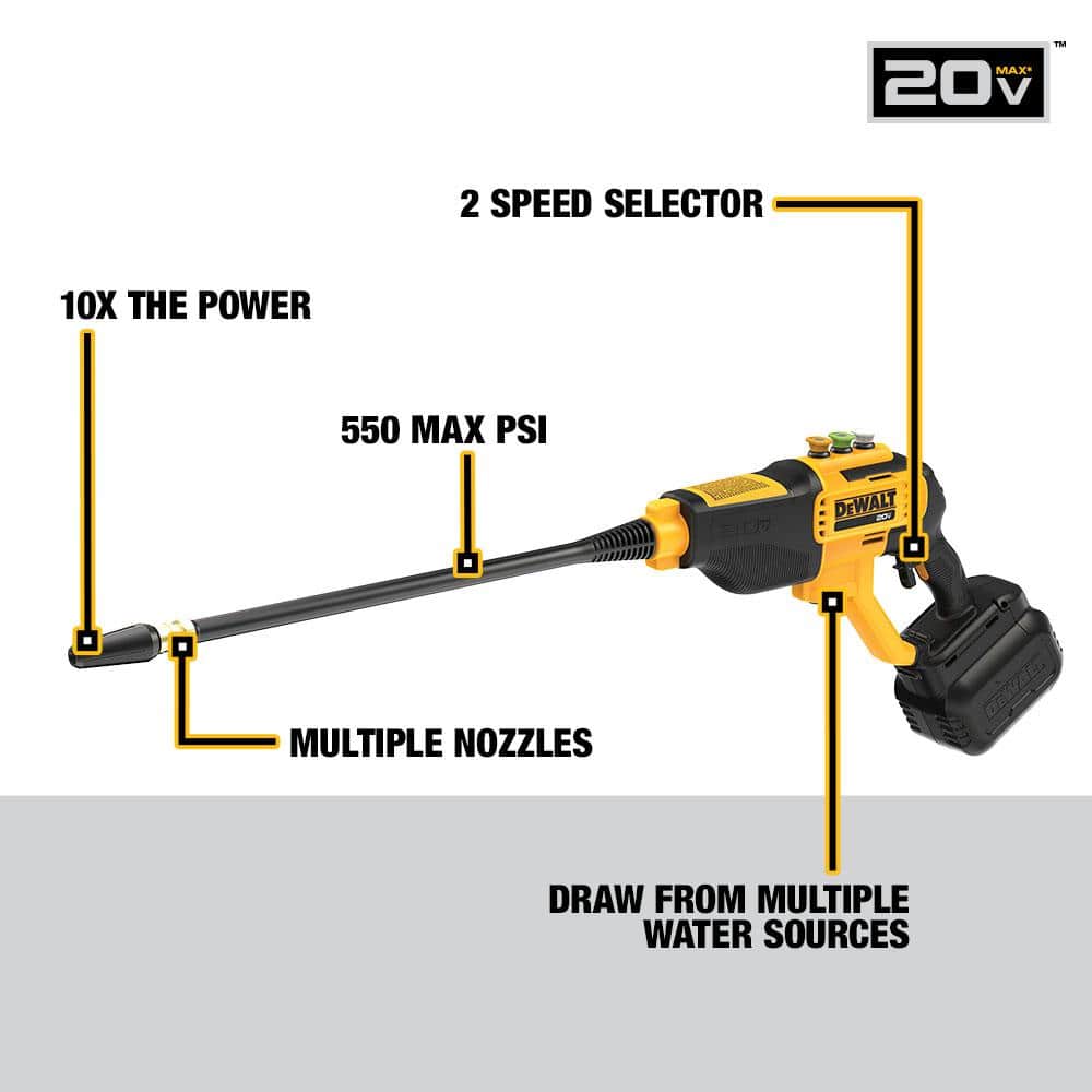 DEWALT 20V MAX 550 PSI 1.0 GPM Cold Water Cordless Electric Power Cleaner with 4 Nozzles DCPW550B