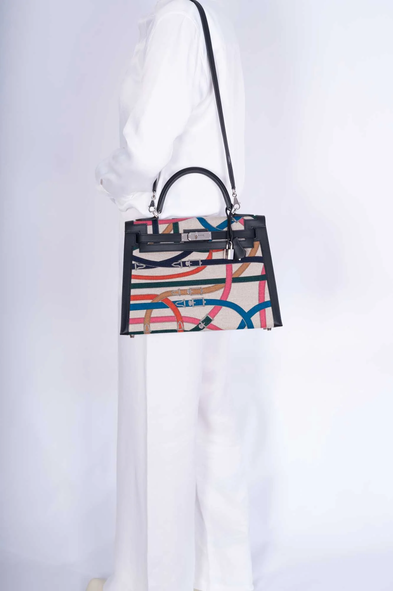 Hermès Kelly 32 Sellier Toile de Camp Cavalcadour and Noir Leather Palladium Hardware