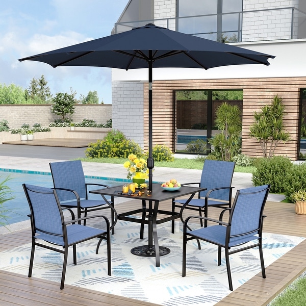 MAISON ARTS 6Piece Patio Dining Set,37 Inch Square Metal Table and 4 Textilene Dining Chairs with 9ft Patio Umbrella