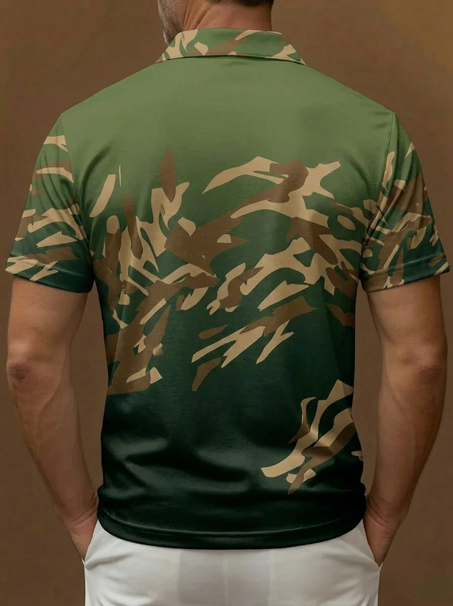Green Camouflage Gradient Print Short Sleeve Golf Polo Shirt