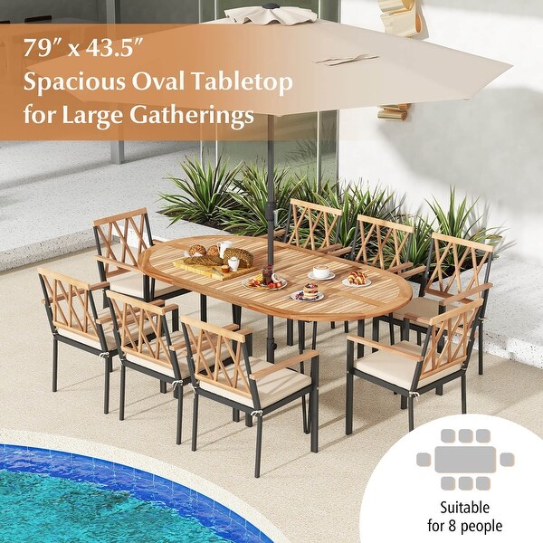Gymax 79'' Patio Dining Table w/ Umbrella Hole Acacia Wood Tabletop and