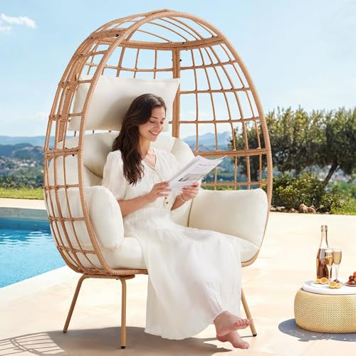 Oversized Egg Chair, Indoor Outdoor Egg Rattan Chair with PE Rattan, Steel Frame and Detachable Cushions, Wicker Lounger for Patio, Pool, Living Room, Bedroom - Dark Grey