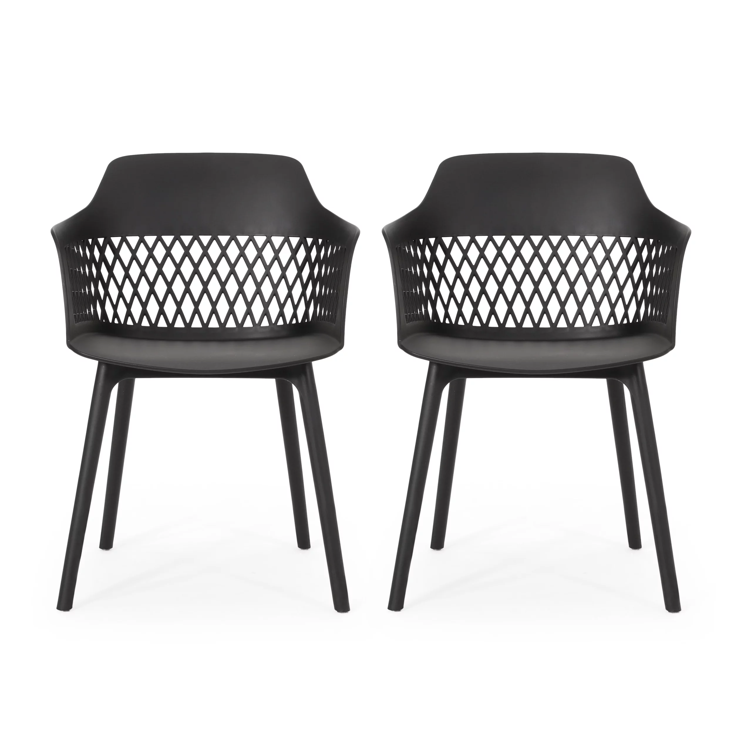 Noble House Azalea Plastic Patio Dining Arm Chair in Black (Set of 2)
