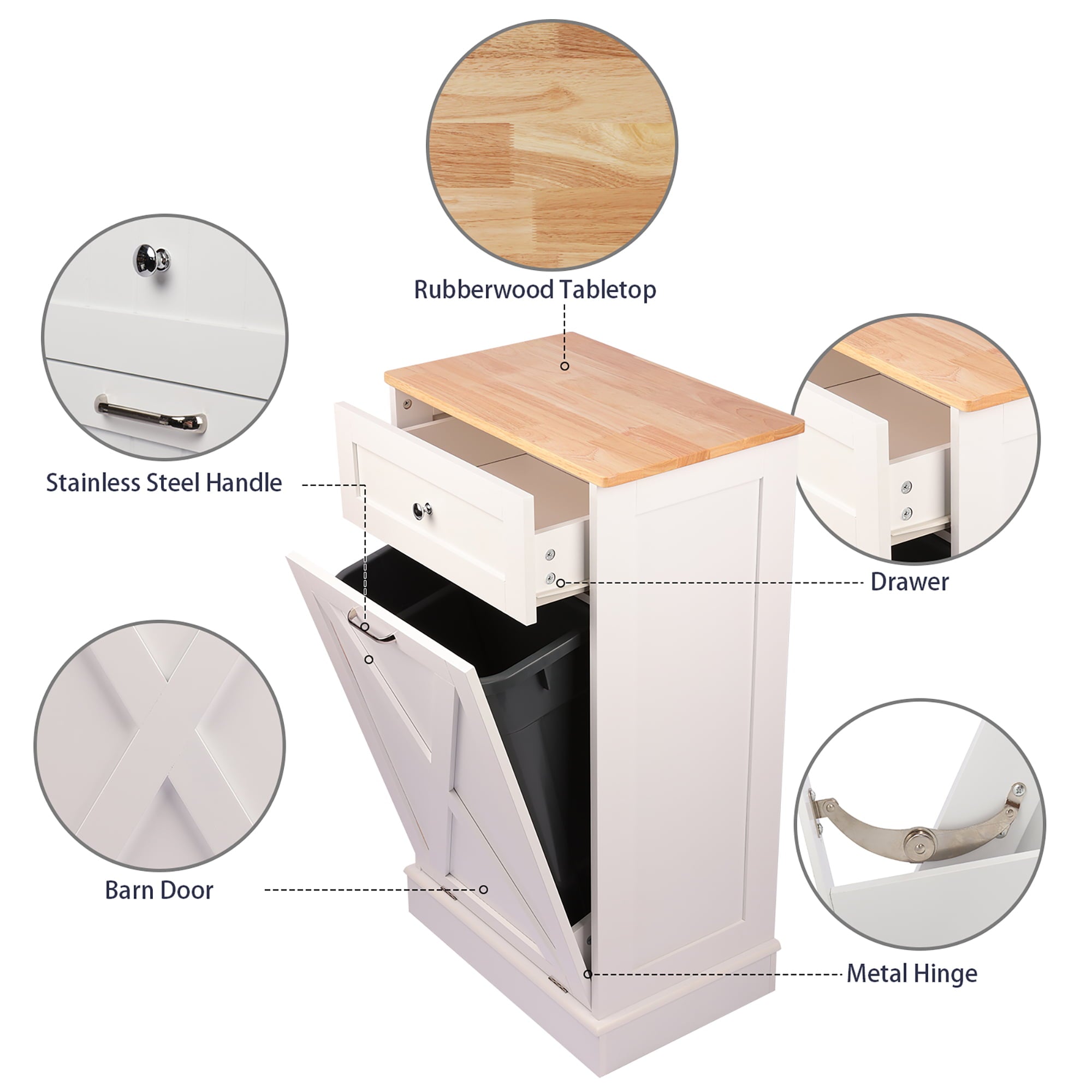 Tilt Out Trash Cabinet,Antique-style Barn Door Kitchen Island with Solid Wood Tabletop and Drawer, Pet Proof Trash Can, Wood Laundry Cabinet