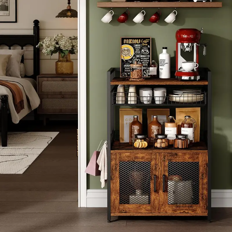 Rustic Brown Rolling Coffee Station – 3-Tier Bar Cart with Hooks & Wire Basket