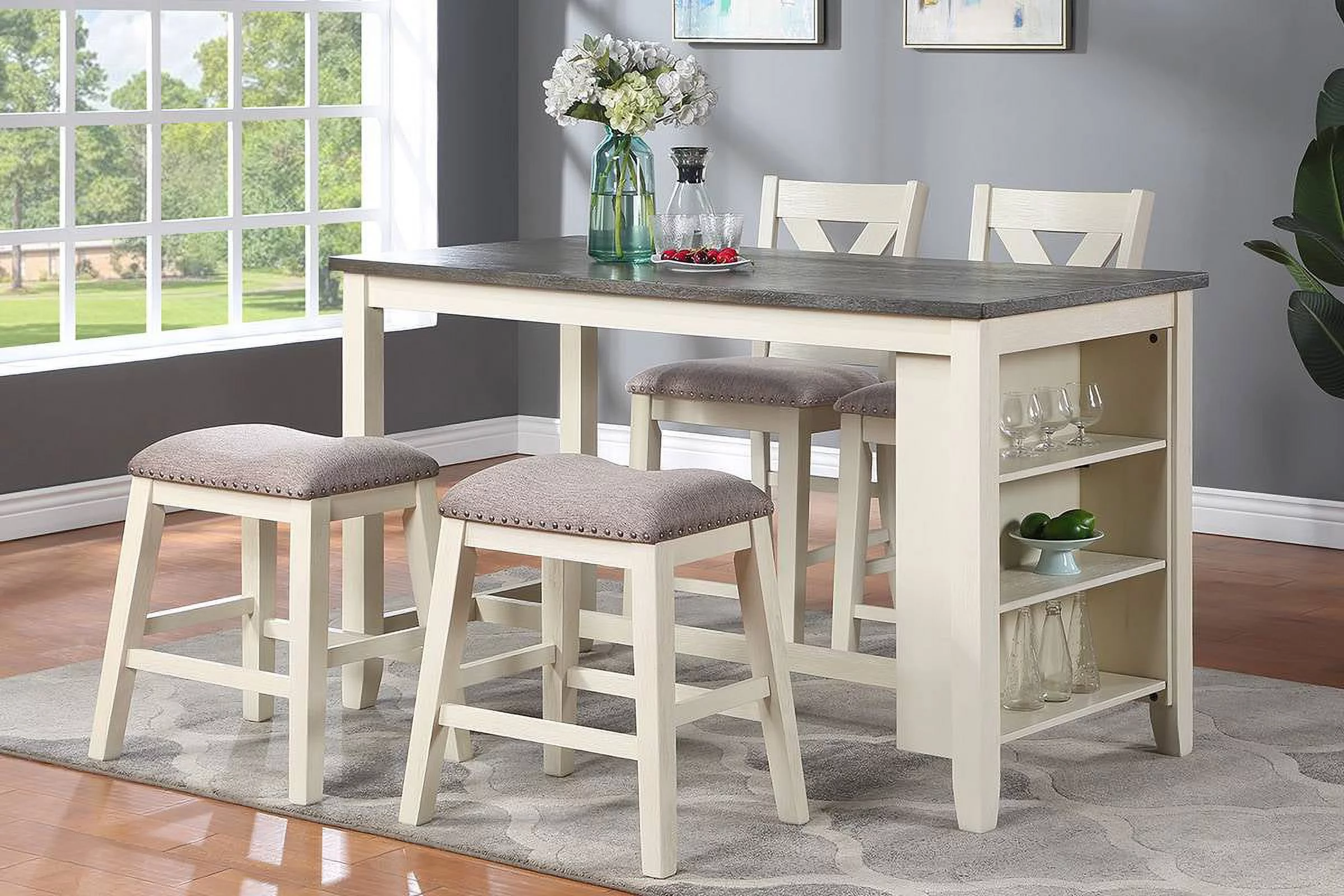 ikayaa Modern Contemporary 5pc Counter Height High Dining Table w Storage Shelves High Chairs And Stools Wooden Kitchen Breakfast Table Dining Room Furniture