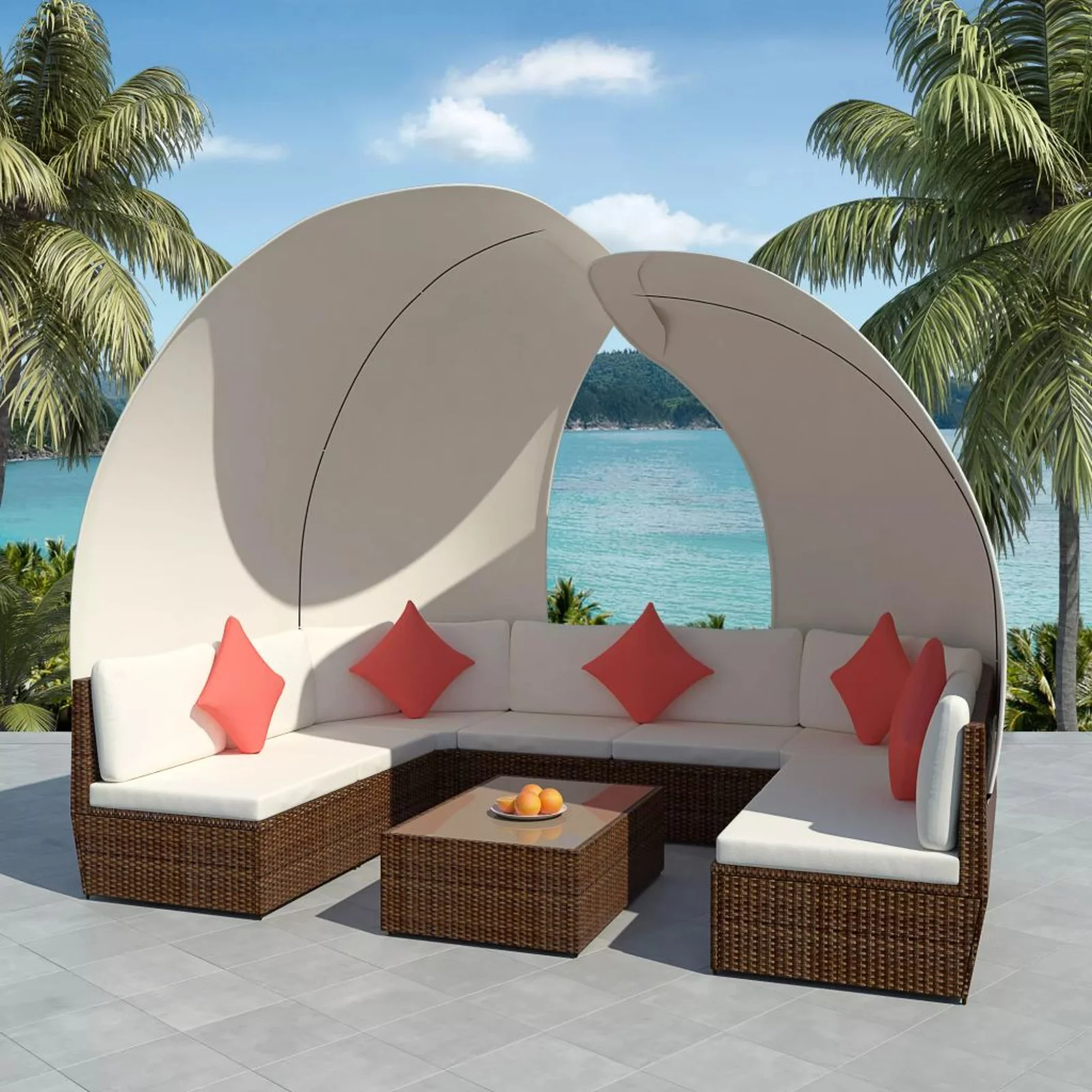 Dcenta 9 Piece Garden Conversation Set Cream White Cushioned 6 Center and 2 Corner Sofas with Coffee Table Brown Poly Rattan Sectional Outdoor Furniture Set for Patio, Backyard, Poolside