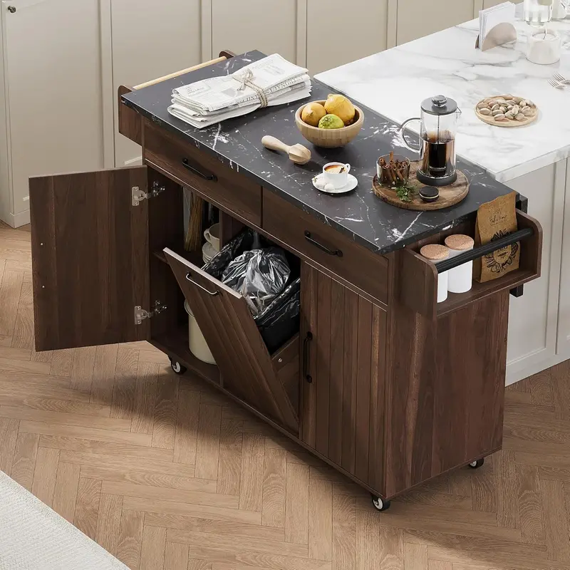 White Rolling Kitchen Island – Foldable Trolley with Trash Bin Compartment, Towel Rack, Drawers & Adjustable Shelves