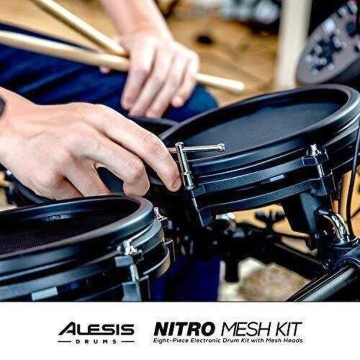 alesis-drums-nitro-mesh-kit-Eight Piece All Mesh Electronic Drum Kit With Super Solid Aluminum Rack, 385 Sounds, 60 Play Along Tracks, Connection Cables, Drum Sticks & Drum Key Included