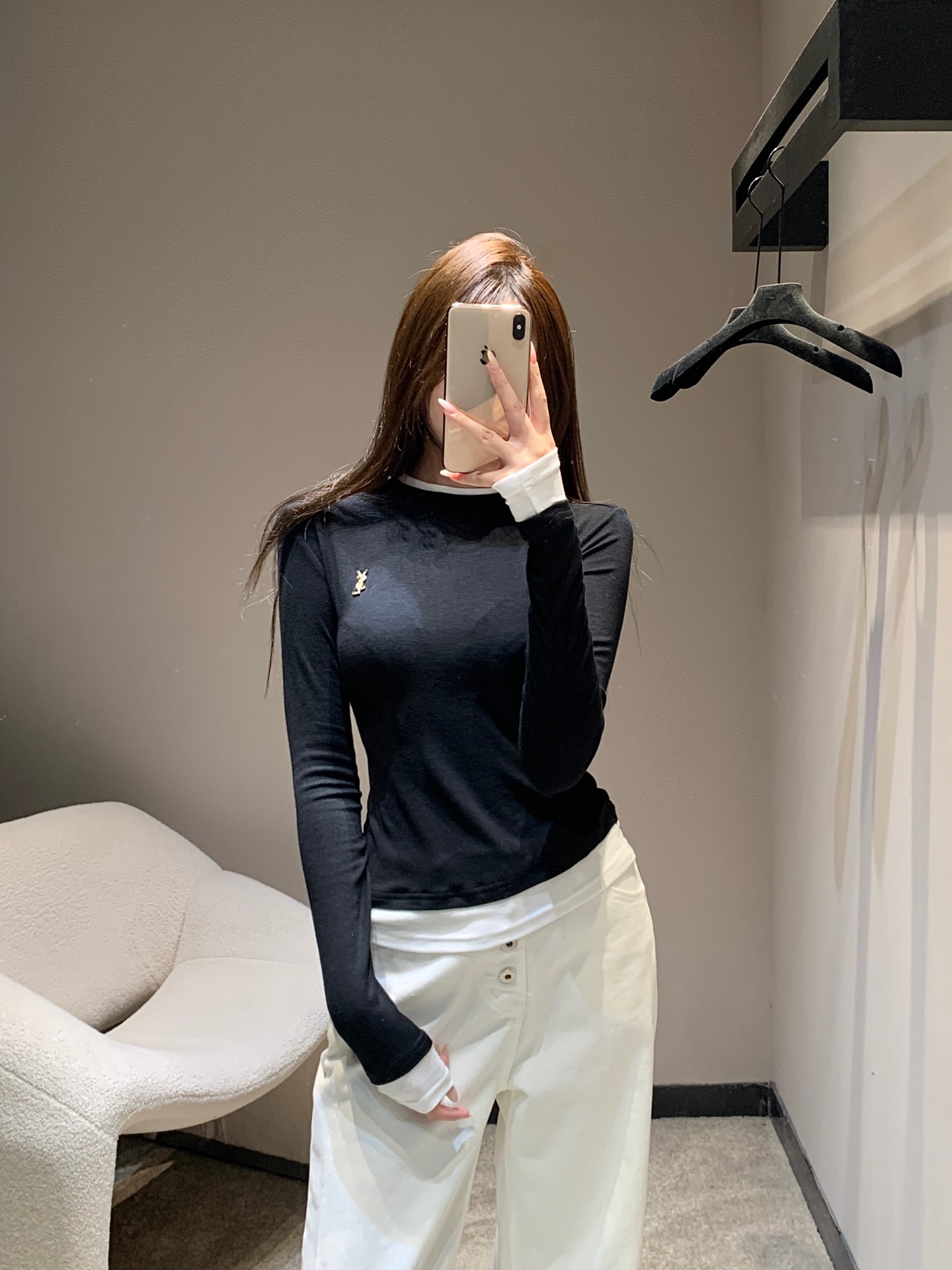 YSL Contrast Color Fake Two-Piece Long-Sleeved T-Shirt - cnluxepick