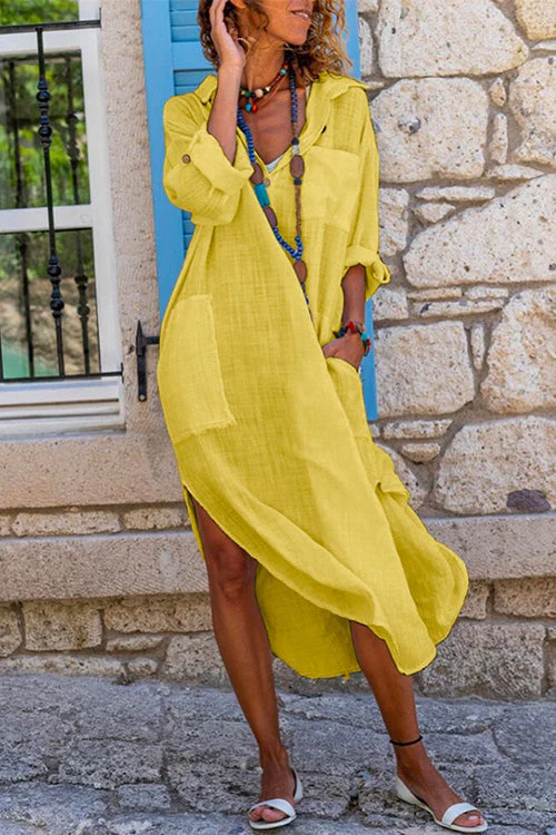 Cotton Linen Shirt Dress with Side SplitClistos