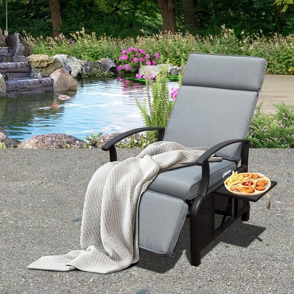 Adjustable Patio Recliner Chair Metal Outdoor Lounge Chair with Flip Table Push Back,Adjustable Angle,Removable Cushions