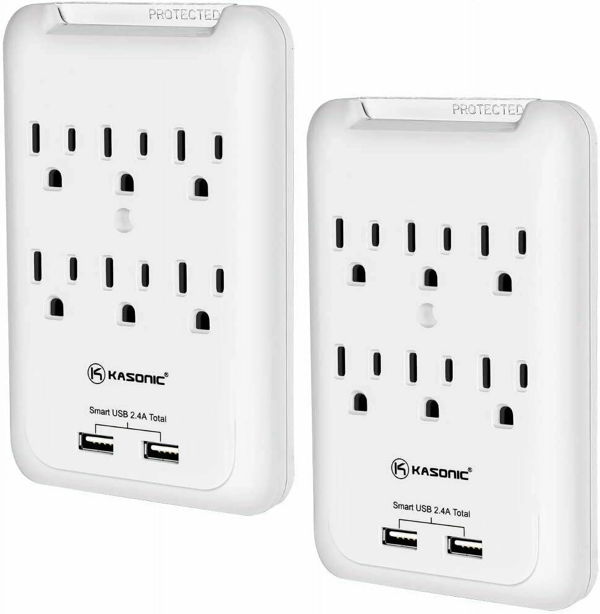 6-Outlet Wall Mount Surge Protector 2 Pack, 900 Joules Power Strip with 2 USB Smart Charging Ports (Total 2.4 Amp), Protection Indicator LED Light, Space Saving Design, ETL Certified