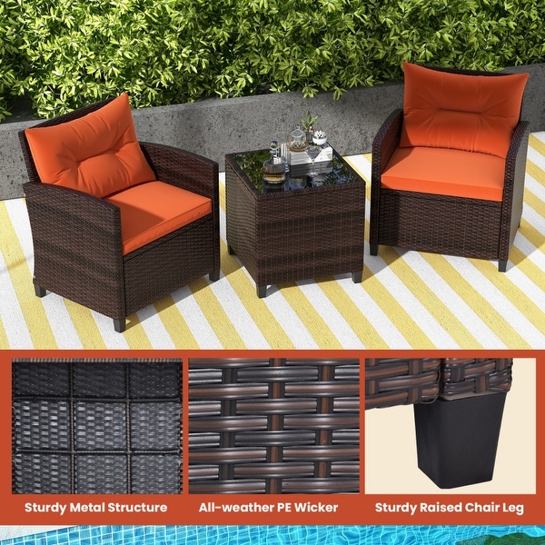 3 Pieces Rattan Patio Furniture Set with Washable Cushion