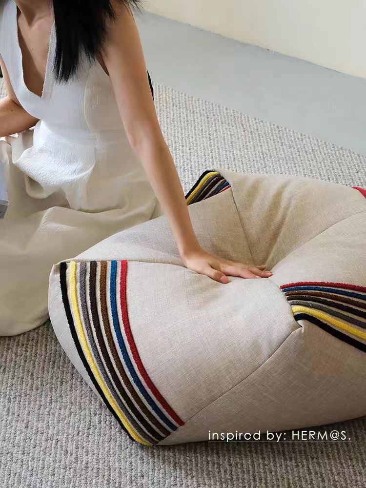 CH046 - Dimpled Ottoman Linen Solid Color Embroidered Rainbow Pouf Lazy Sofa Footstool