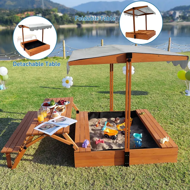 Wooden Foldable Sandbox with Lid and Integrated Picnic Table – Covered Sand Play Center