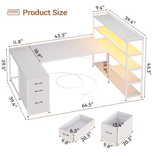 Sedeta L Shaped Desk with Storage Shelves, 64.5'' Reversible U Shaped Office Desk with 3 Fabric Drawers, Gaming Desk with Power Outlet & LED Strip, Rustic Brown