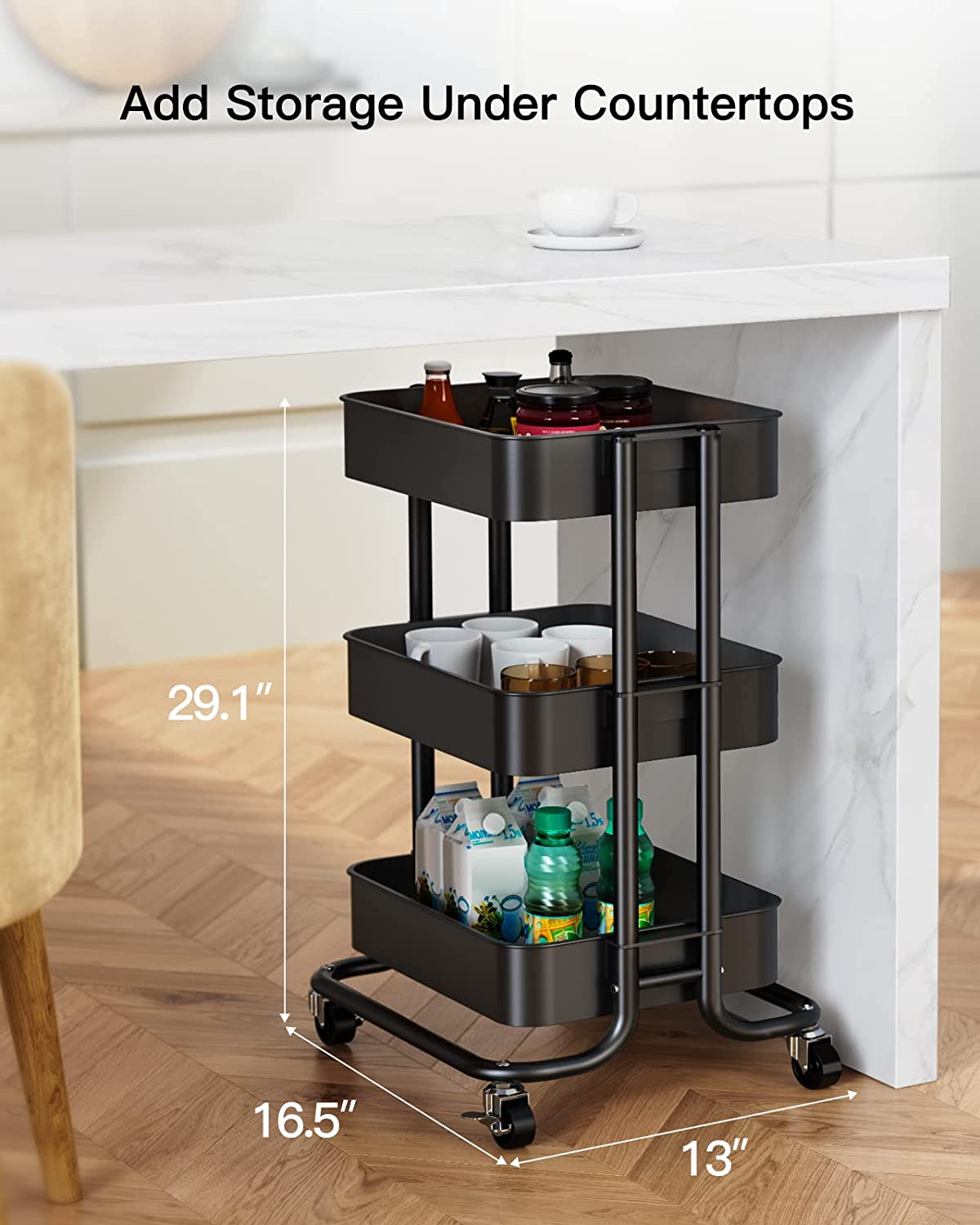Myfurnideal 3-Tier Rolling Utility Cart Metal Storage Cart with Handle for Kitchen, Dining Room, Living Room, Hold up to 66lbs